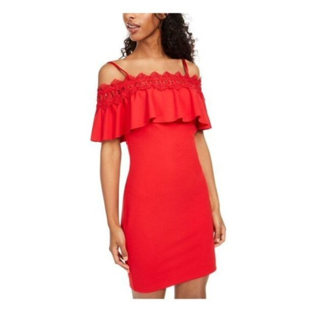 by & by Juniors' Lace-Trim Off-The-Shoulder Red Dress Size 7 NWT‎